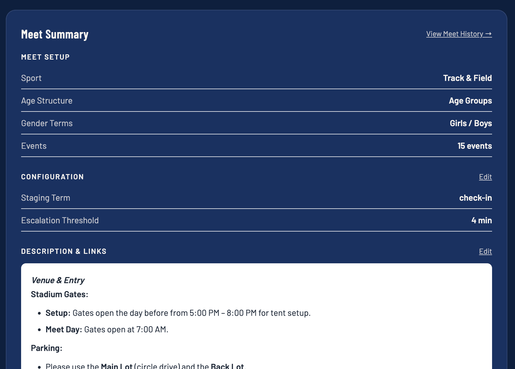 Director's meet summary showing sport, age structure, gender terms, event count, staging term, escalation threshold, and rich description with venue info