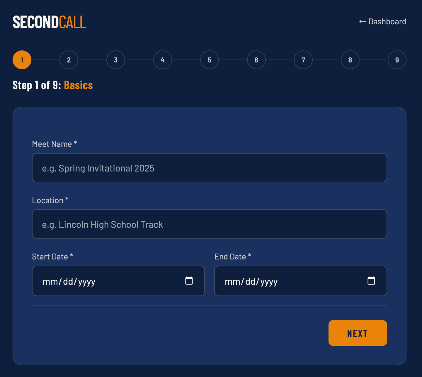 Meet creation wizard showing Step 1 of 9 — Basics — with fields for Meet Name, Location, Start Date, and End Date