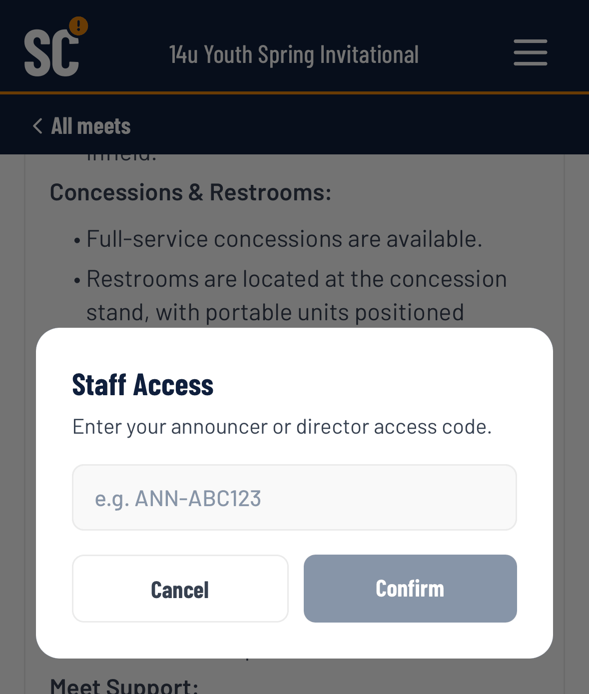 SecondCall app showing a Staff Access modal prompting staff to enter their access code — e.g. ANN-ABC123 — to connect to the meet