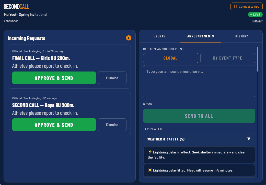 Full announcer dashboard in a browser — incoming race call requests with Approve and Send buttons on the left, announcement templates and custom message composer on the right